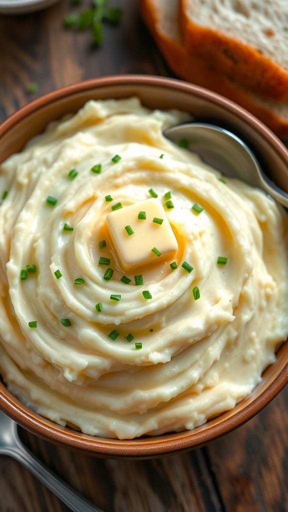 A bowl of creamy mashed potatoes with butter and chives on a rustic table.